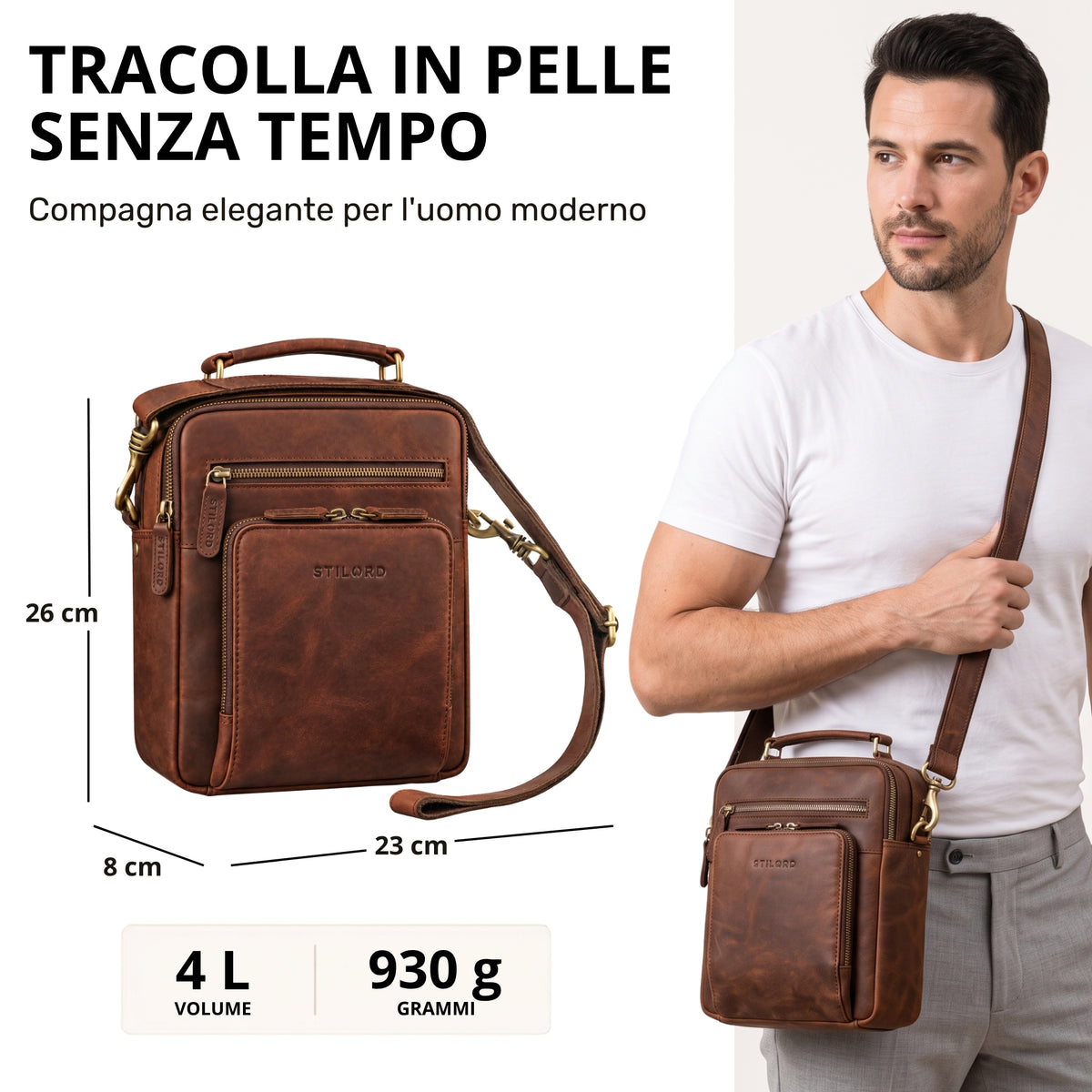 Piccola tracolla uomo in pelle zamora marrone, tasca frontale con logo STILORD impresso, modello la indossa a tracolla