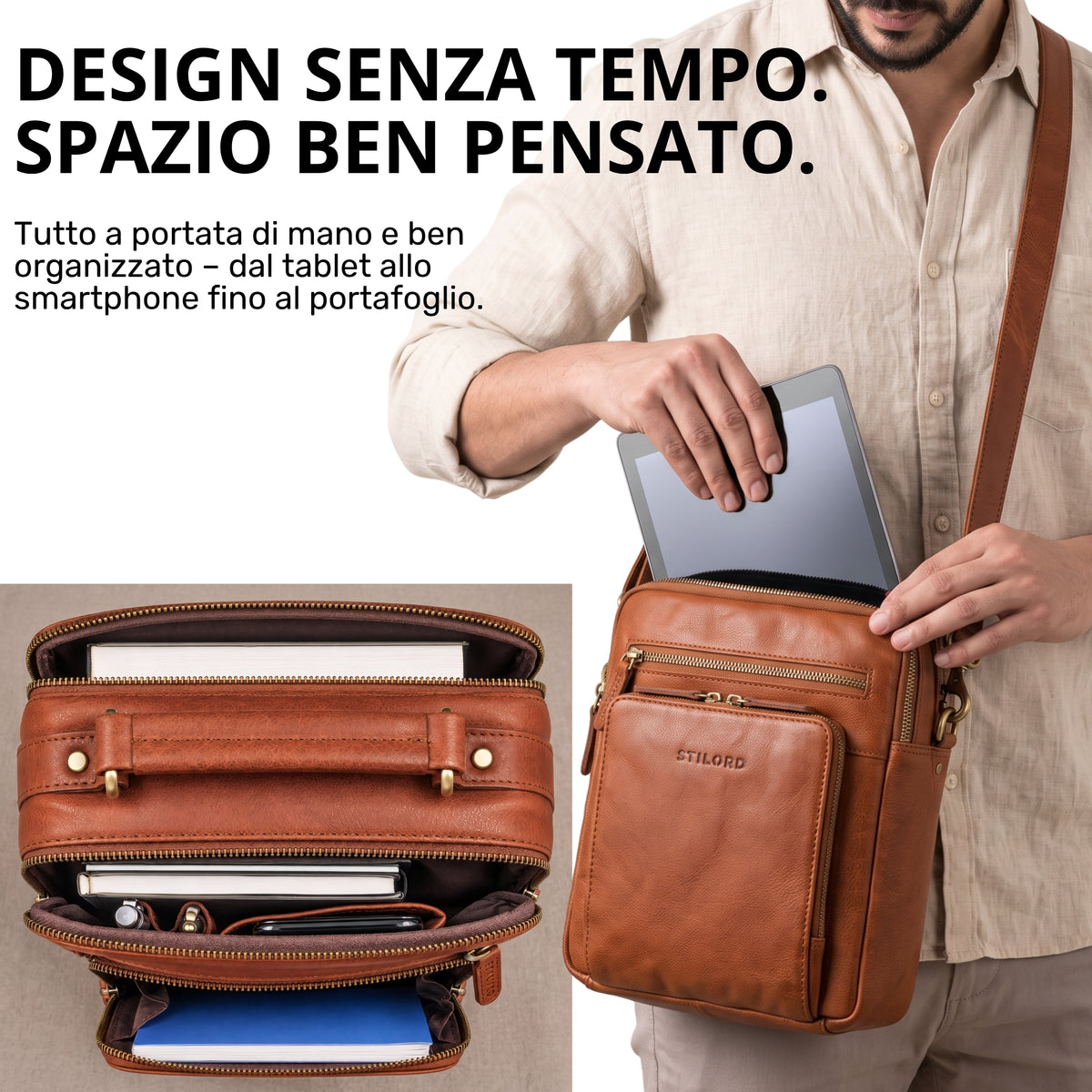 Piccola borsa a tracolla in pelle marrone con manico, marchio STILORD visibile, uomo inserisce tablet 10,1 pollici nel vano