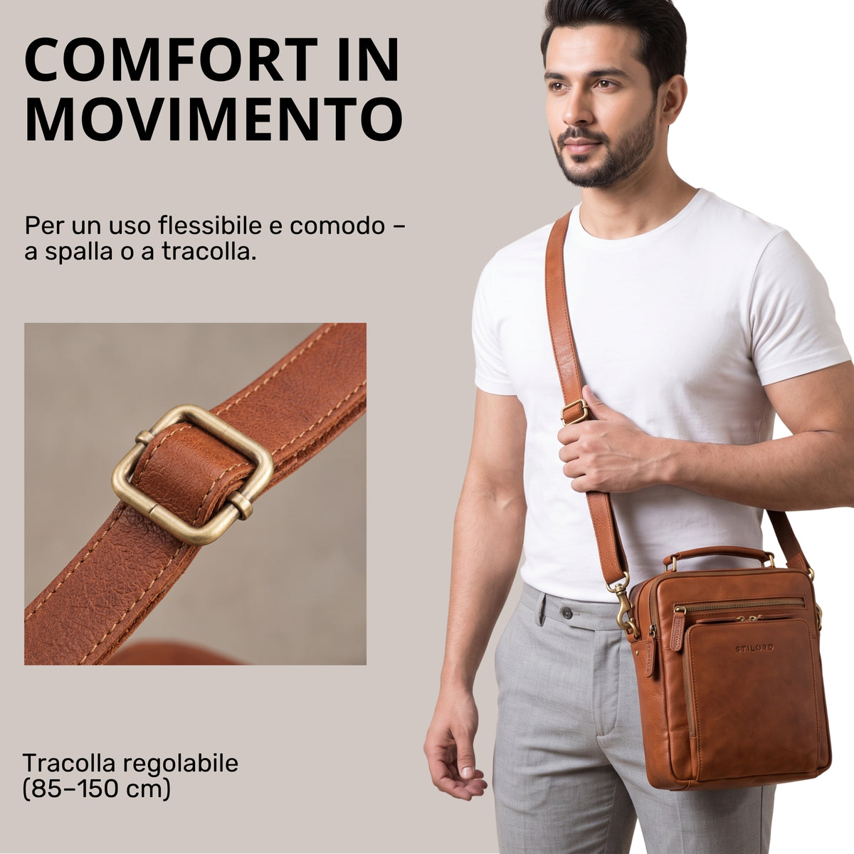 Piccola tracolla uomo in pelle marrone maraska, indossata a tracolla dal modello, dettaglio fibbia regolabile e tracolla, marchio STILORD visibile