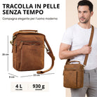 Piccola tracolla in pelle tan marrone scuro, vista frontale con logo STILORD impresso e uomo che la indossa a tracolla