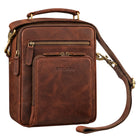 Piccola borsa a tracolla in pelle marrone zamora, vista frontale con manico, tracolla e logo STILORD impresso