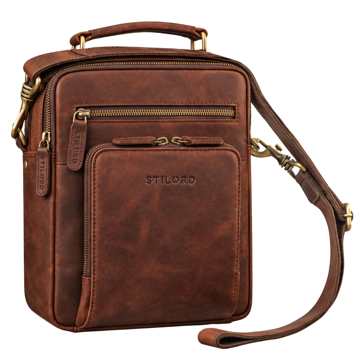 Piccola borsa a tracolla in pelle marrone zamora, vista frontale con manico, tracolla e logo STILORD impresso