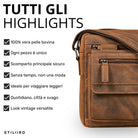 Piccola borsa a tracolla piatta da uomo in pelle marrone Bergamo, dettaglio tasche frontali e cerniere, logo STILORD visibile