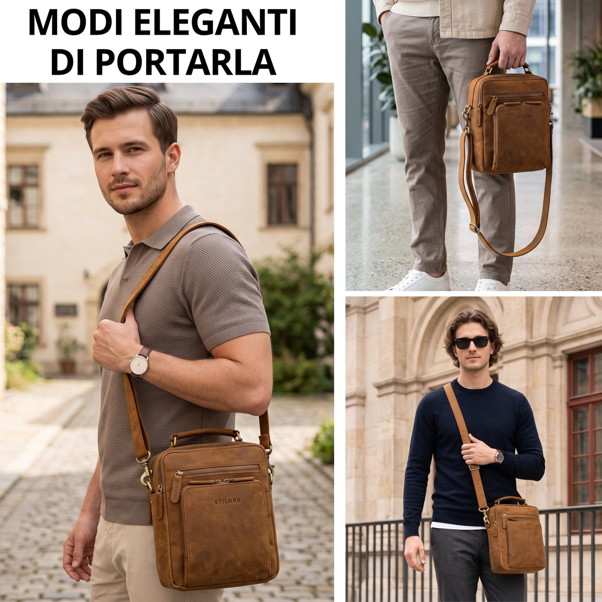 Piccola borsa a tracolla in pelle color tan, uomo la porta a tracolla e a mano, logo STILORD visibile, ambiente urbano