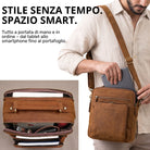 Piccola tracolla in pelle color tan, uomo inserisce tablet da 10,1 pollici nella tasca frontale, interno con organizer e logo STILORD