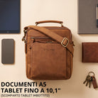 Piccola borsa a tracolla in pelle tan/marrone scuro, vista frontale con manico, logo STILORD visibile, per tablet 10,1" e A5
