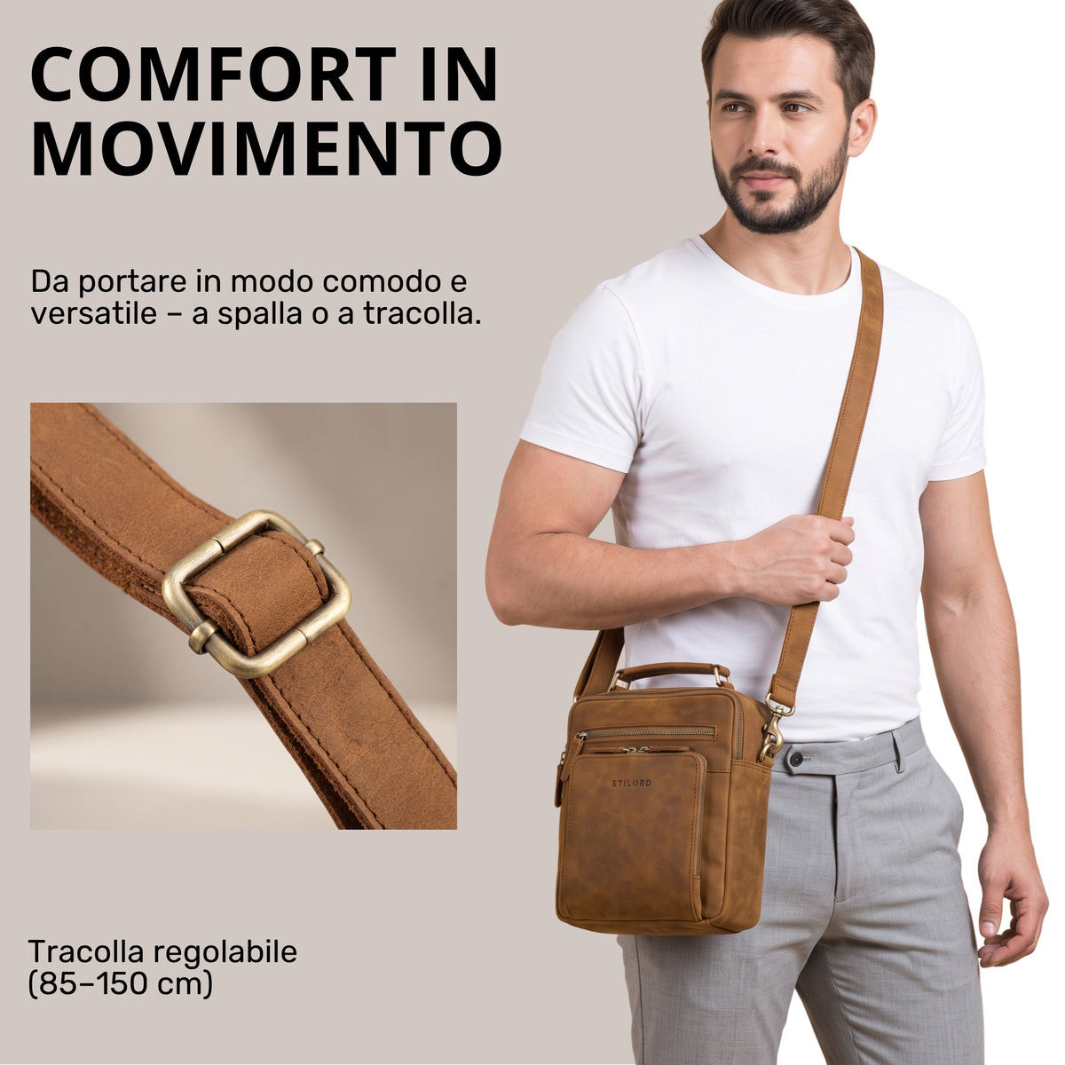 Piccola tracolla in pelle colore tan con tracolla regolabile e dettaglio fibbia, uomo la indossa, marchio STILORD visibile