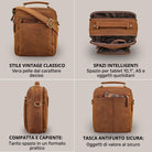 Piccola borsa a tracolla in pelle tan, quattro viste: frontale con rilievo STILORD, interno aperto, profilo laterale e tasca posteriore per tablet 10,1"