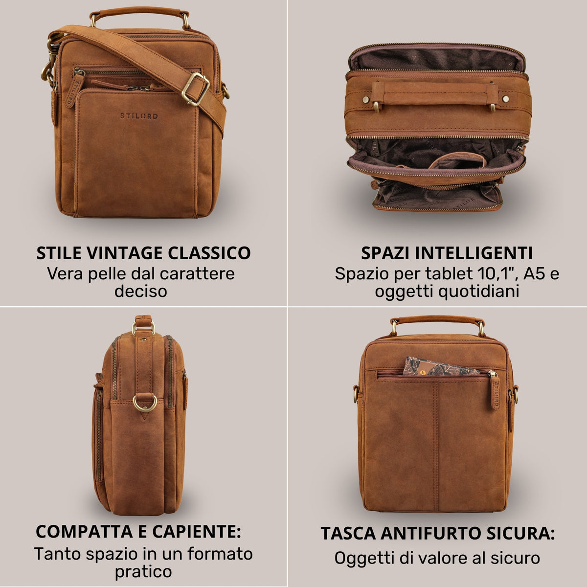 Piccola borsa a tracolla in pelle tan, quattro viste: frontale con rilievo STILORD, interno aperto, profilo laterale e tasca posteriore per tablet 10,1"