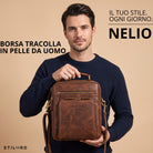 Piccola borsa tracolla in pelle zamora marrone con manico superiore, tasca frontale e stampa STILORD visibile, vista frontale