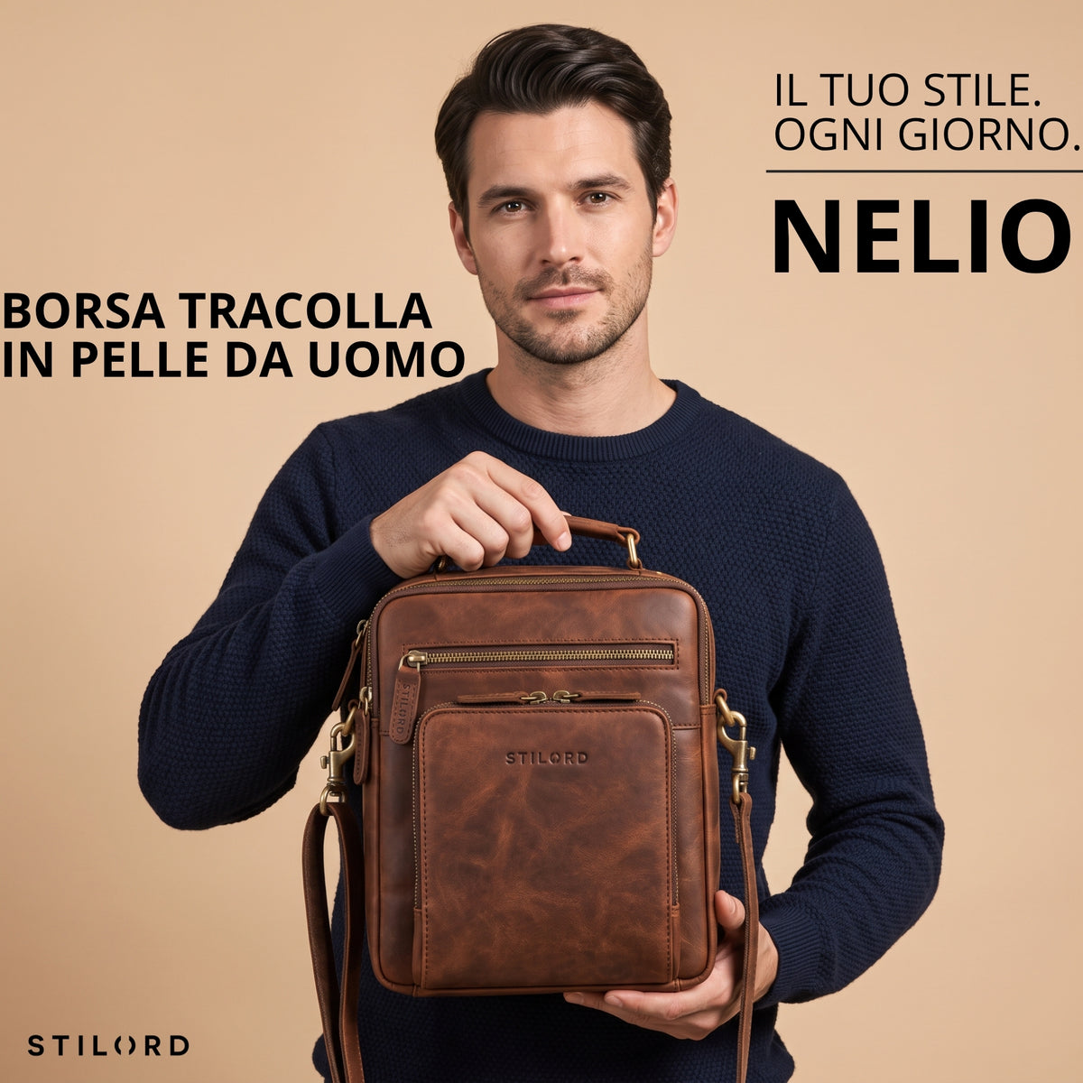 Piccola borsa tracolla in pelle zamora marrone con manico superiore, tasca frontale e stampa STILORD visibile, vista frontale