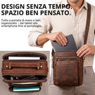 Piccola borsa a tracolla in pelle marrone con manico e tasca frontale con stampa STILORD, spazio per tablet 10,1 pollici e A5