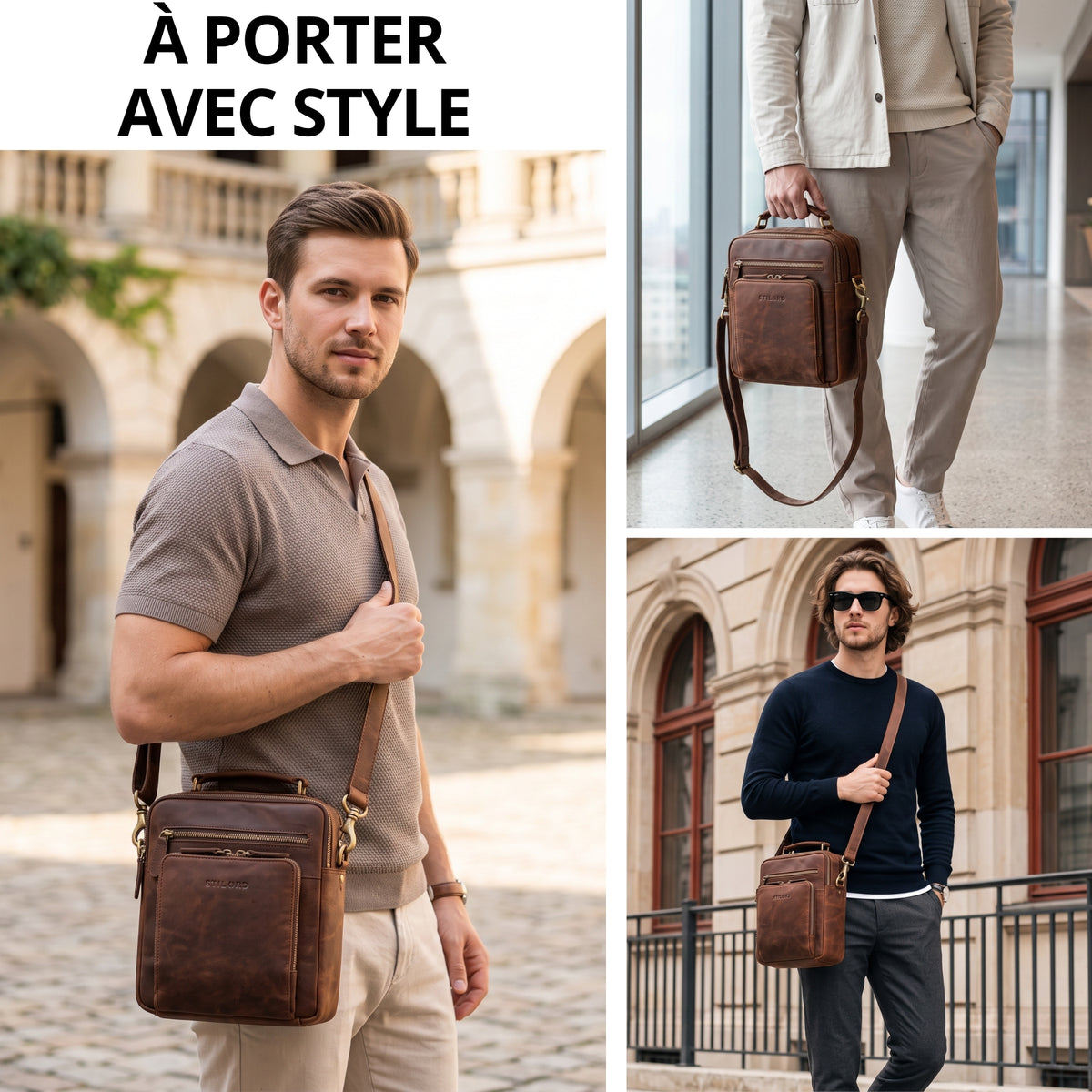 Borsa a tracolla uomo in pelle zamora marrone con manico superiore e tracolla, tasca frontale con stampa STILORD, ambiente urbano