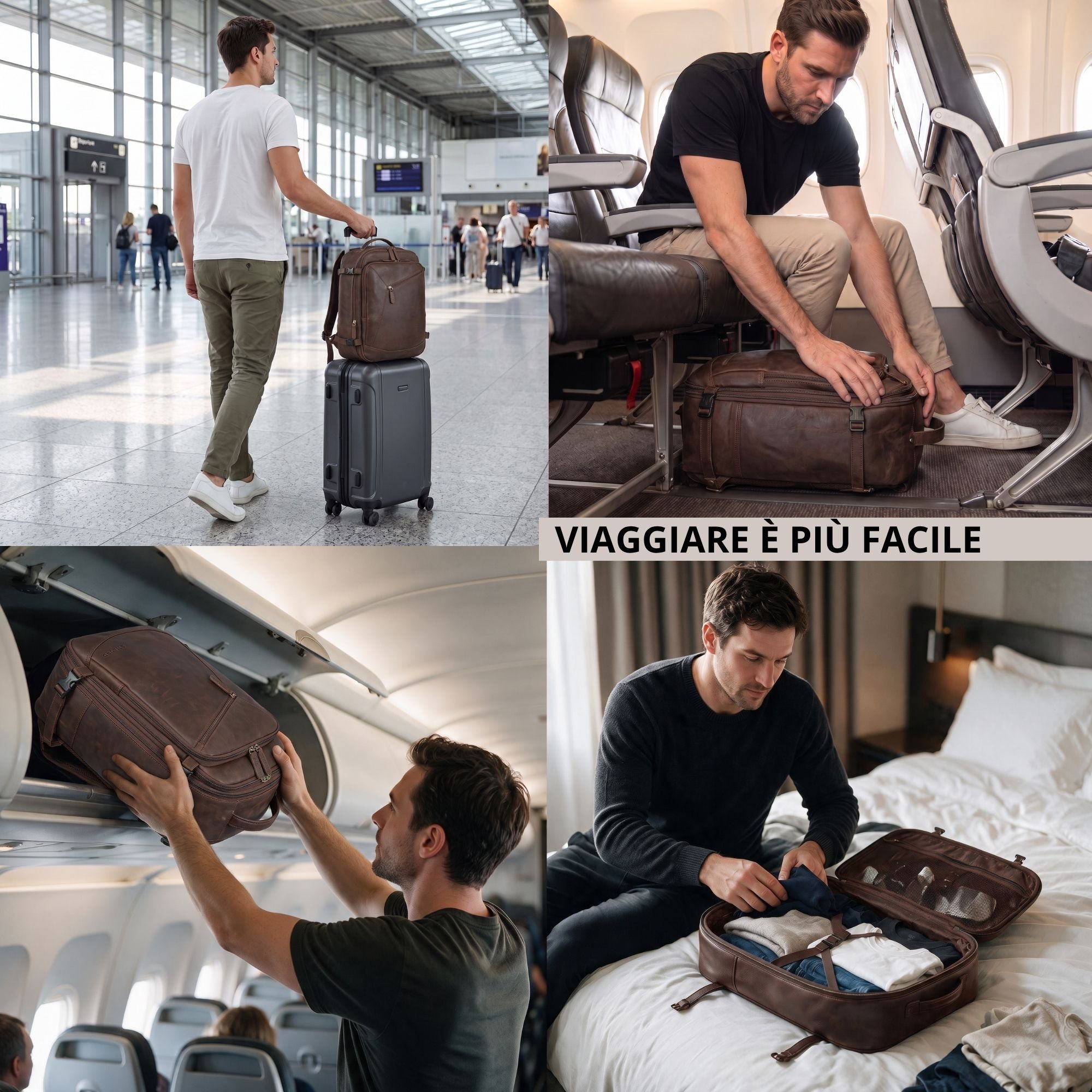 Dunkelbrauner Leder-Rucksack (zamora) als Kabinengepäck: im Flughafen gezogen, im Flugzeug verstaut, geöffnetes Innenfach auf Bett