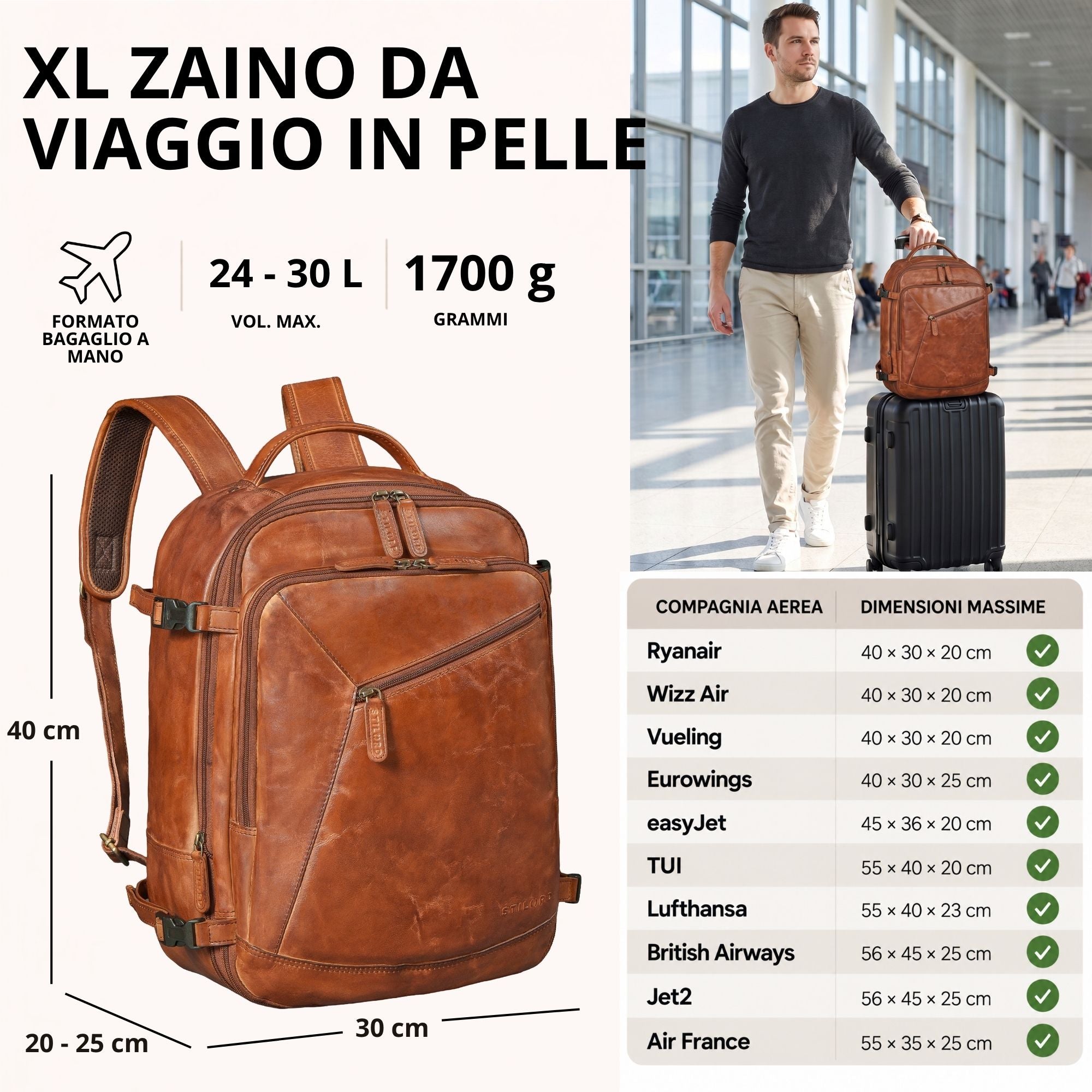 XL Reisrucksack aus Leder in cognac, 3/4-Ansicht mit Größenangaben; Mann mit Koffer im Flughafen